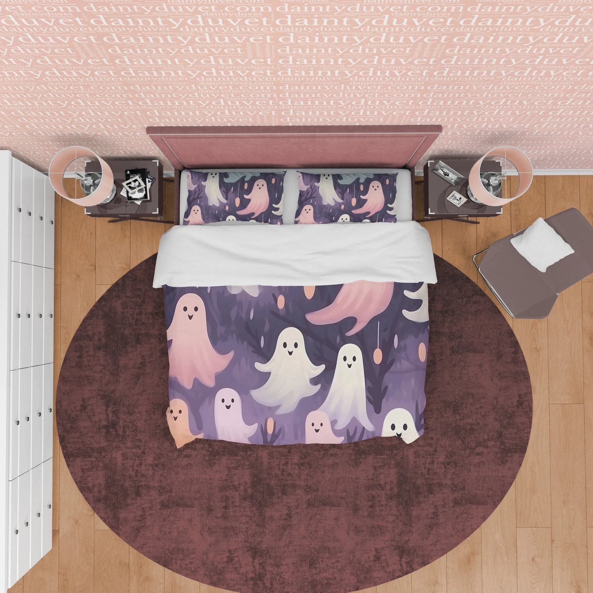 Happy Cute Ghosts, Duvet Cover Set, Aesthetic Zipper Bedding, Spooky Room Decor for Halloween, US, UK, European, Australian Bed Size