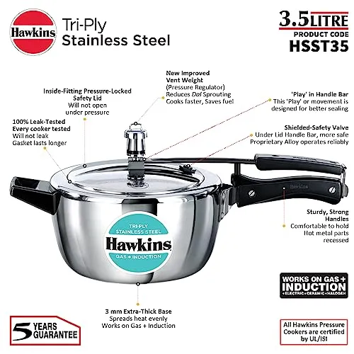 Hawkins 3.5 Litre Triply Stainless Steel Pressure Cooker, Inner Lid Cooker, Silver (HSST35)