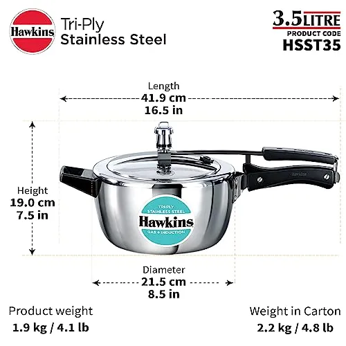 Hawkins 3.5 Litre Triply Stainless Steel Pressure Cooker, Inner Lid Cooker, Silver (HSST35)