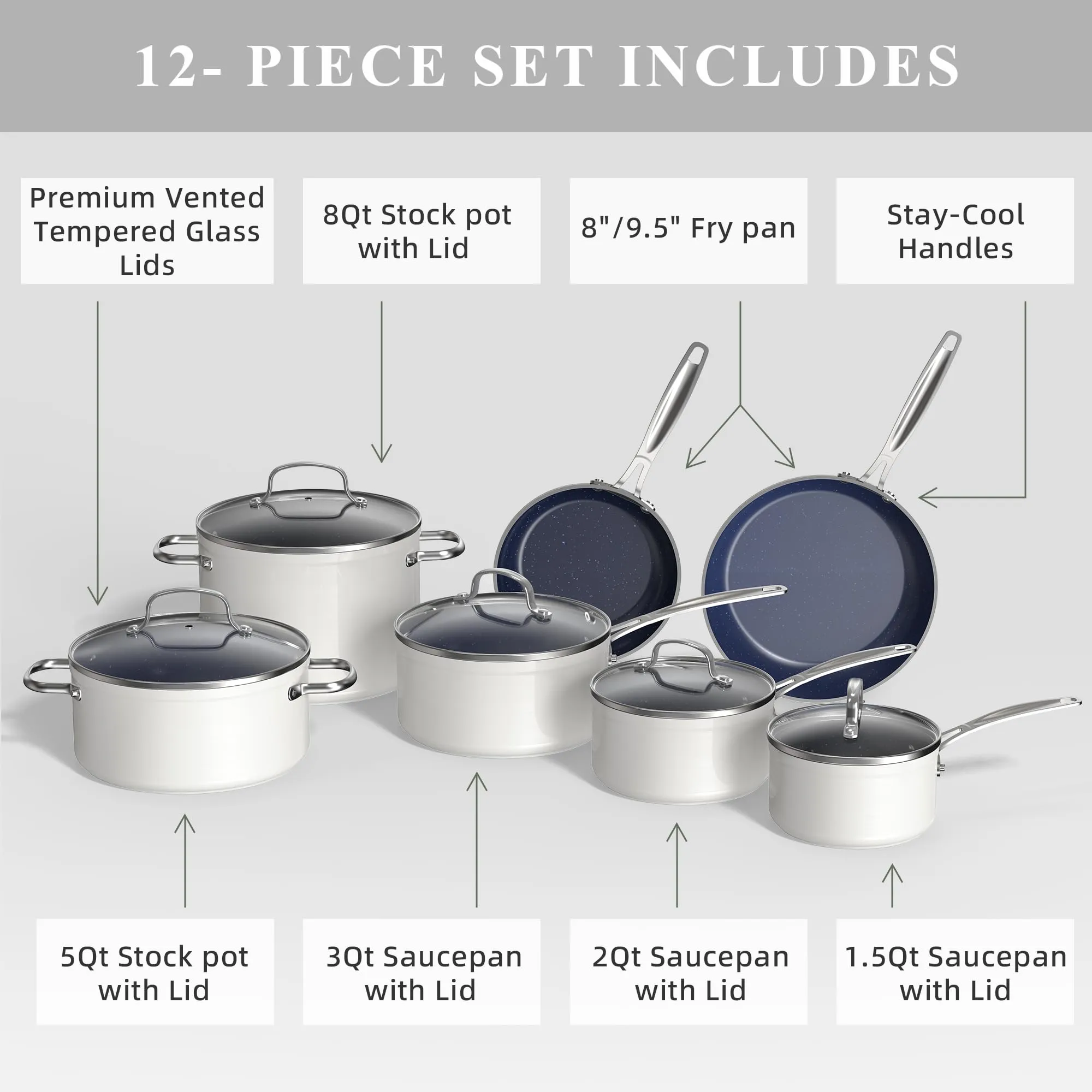 Healthy Duralon Blue Ceramic Nonstick Cookware Set, Diamond Infused Scratch-Resistant