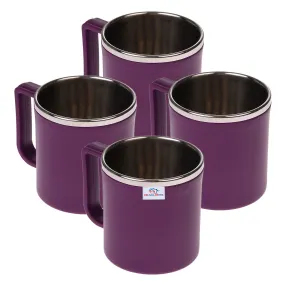 Heart Home Coffee Mug|Inside Stainless Steel Double Wall Tea Cup|Outside Plastic Stylish Milk Mug for Kids & Adults|Pack of 4 (Purple)