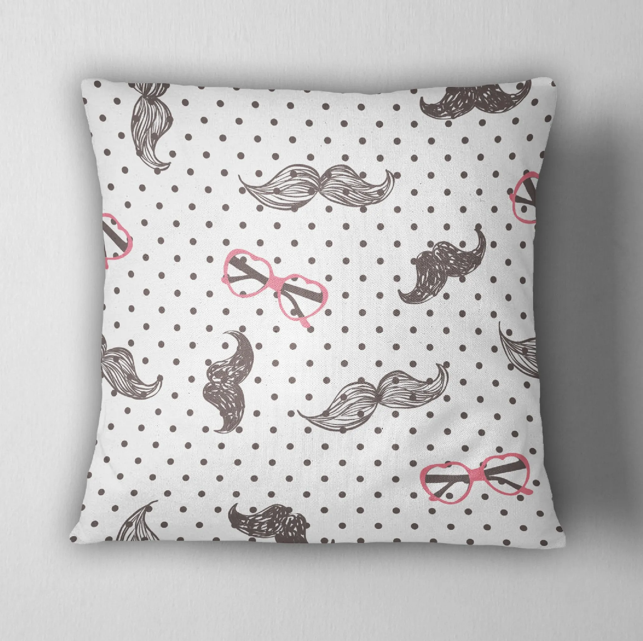 Hipster Polka Dot Mustache and Heart Sunglasses Throw Pillow