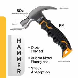 Homdum Stubby Claw Hammer Mini 8oz Small Hammer Comfortable Soft Rubberized Short Handle Grip for Car Glass Escape Safety equipment & Diy nailing tool.