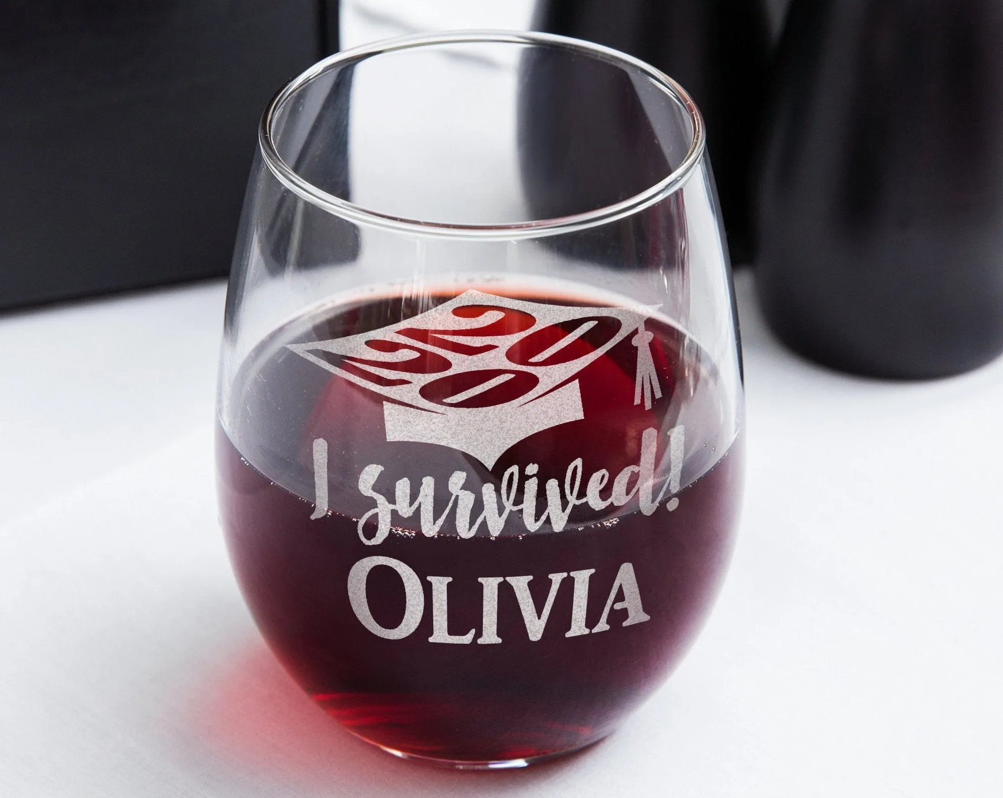 I Survived! ONE Graduation Party Gifts for Women Stemless Wine Glass Class of 2020 Personalized Tassel College Grad Table Decoration Glasses