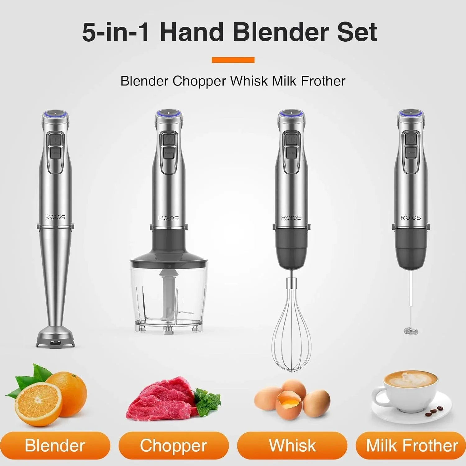 Immersion Hand Blender,5-in-1 Handheld Blender with 600ml Mixing Beaker with Lid, 500ml Chopper, Whisk, Milk Frother,12 Variable Speeds,1100W