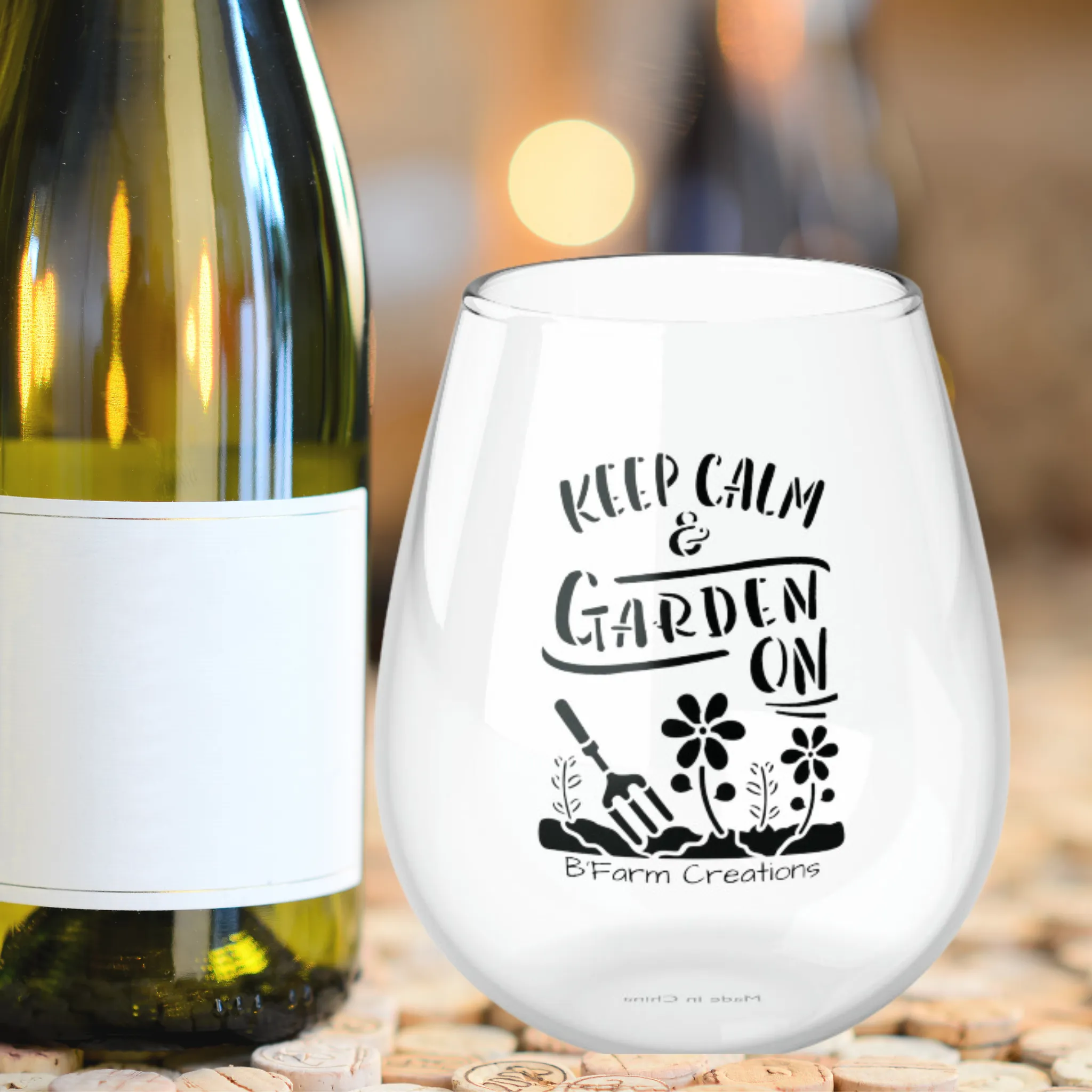 Keep Calm and Garden on Stemless Wine Glass