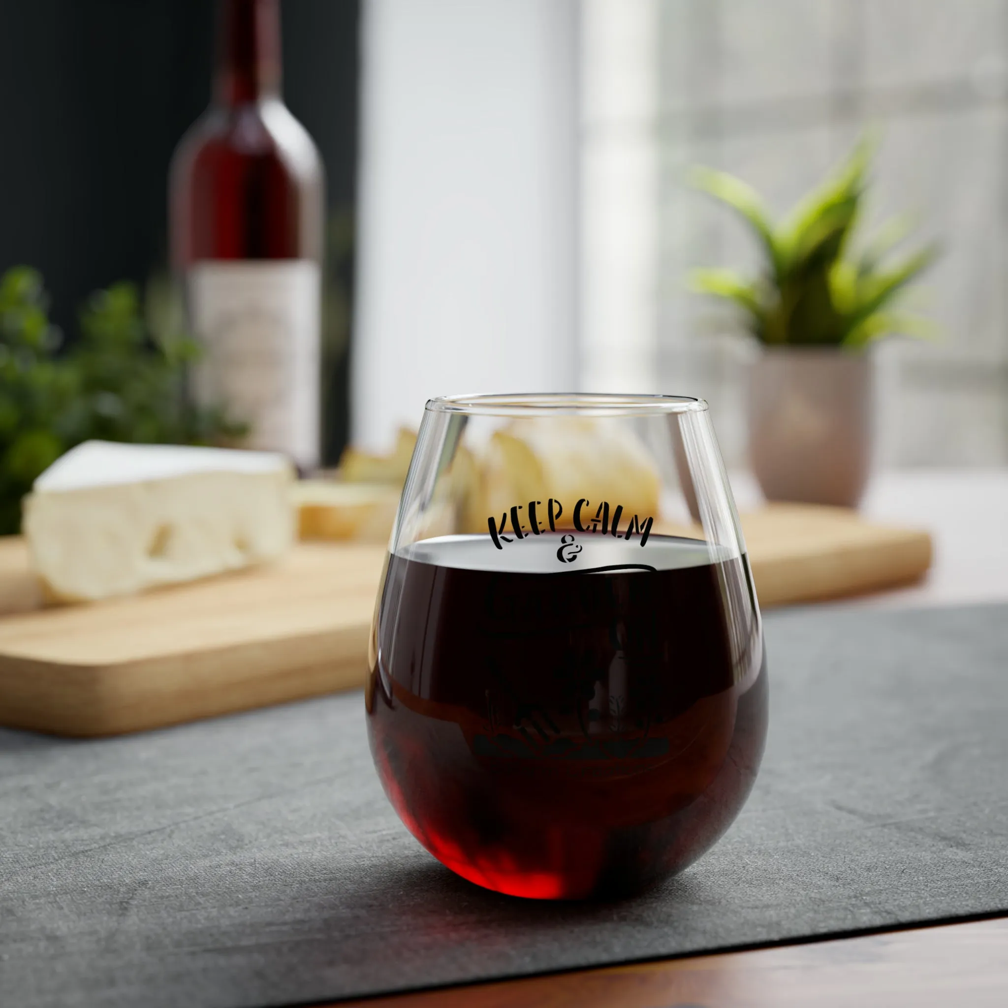 Keep Calm and Garden on Stemless Wine Glass