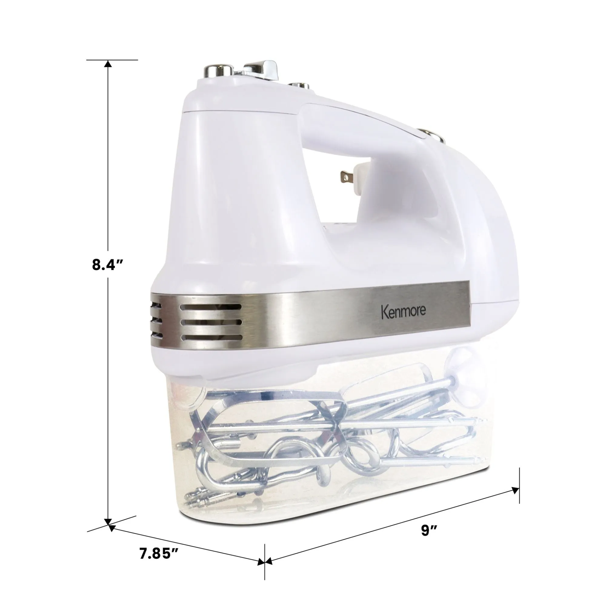 Kenmore 5-Speed Hand Mixer / Beater / Blender, White, 250W Motor, Interchangeable Beaters, Dough Hooks, Liquid Blending Rod, Automatic Cord Retract, Burst Control, Clip-On Accessory Storage Case