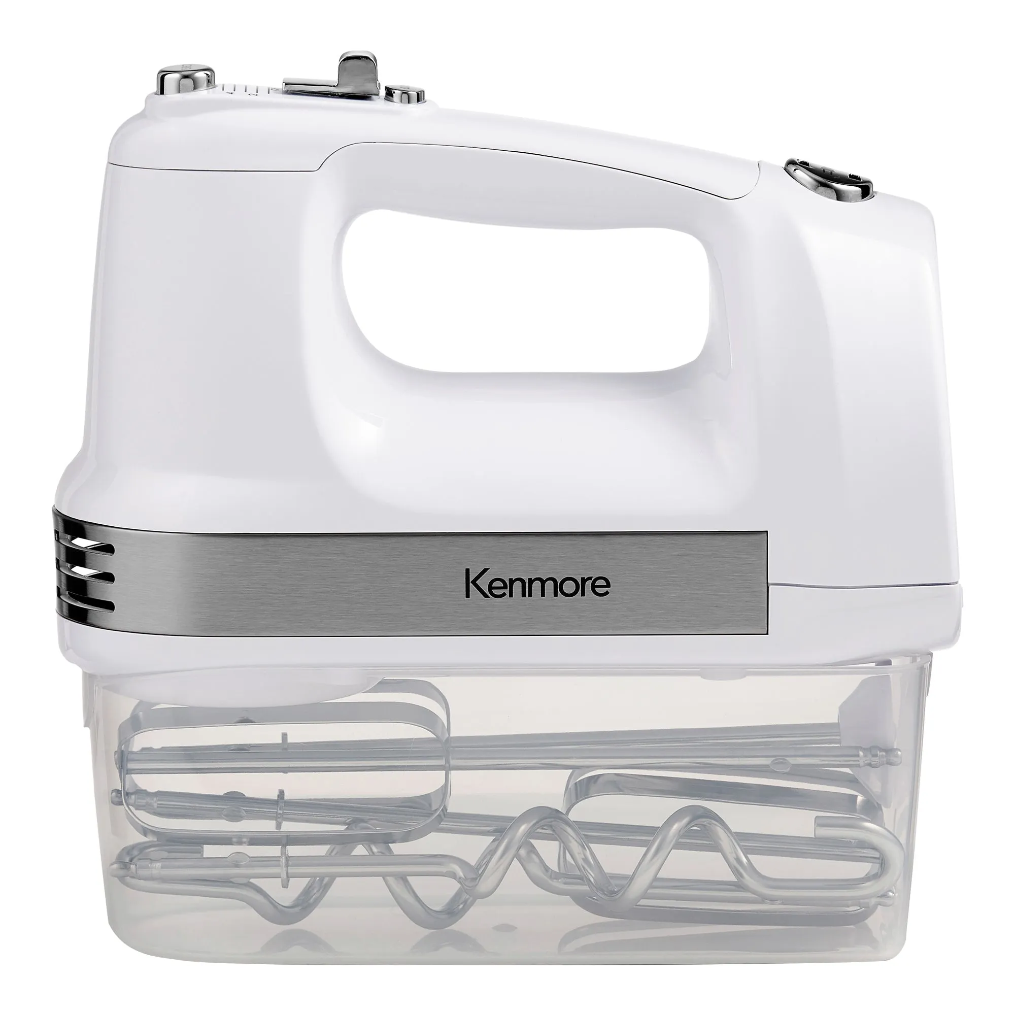 Kenmore 5-Speed Hand Mixer / Beater / Blender, White, 250W Motor, Interchangeable Beaters, Dough Hooks, Liquid Blending Rod, Automatic Cord Retract, Burst Control, Clip-On Accessory Storage Case