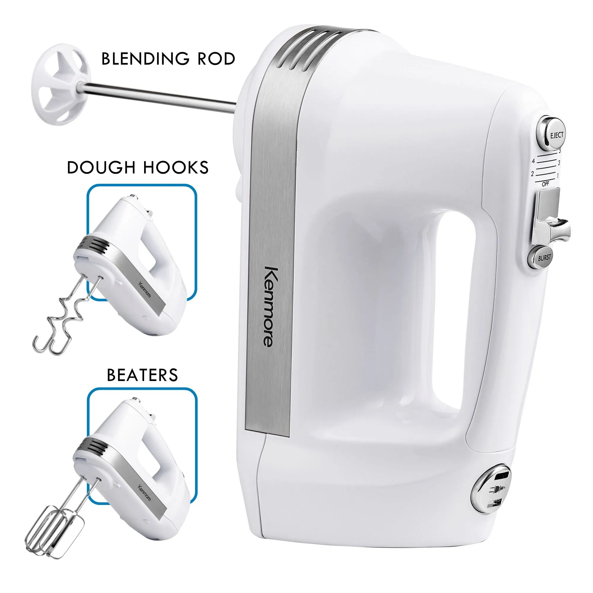 Kenmore 5-Speed Hand Mixer / Beater / Blender, White, 250W Motor, Interchangeable Beaters, Dough Hooks, Liquid Blending Rod, Automatic Cord Retract, Burst Control, Clip-On Accessory Storage Case