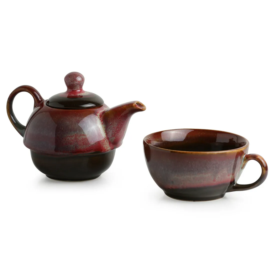 'Kettle-Cup Of Maroon Dusk' Studio Pottery Glazed Tea Set In Ceramic