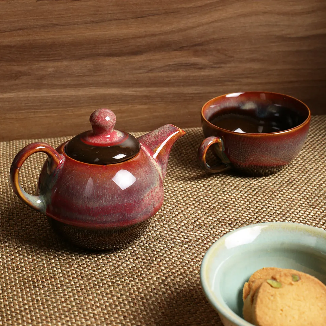 'Kettle-Cup Of Maroon Dusk' Studio Pottery Glazed Tea Set In Ceramic