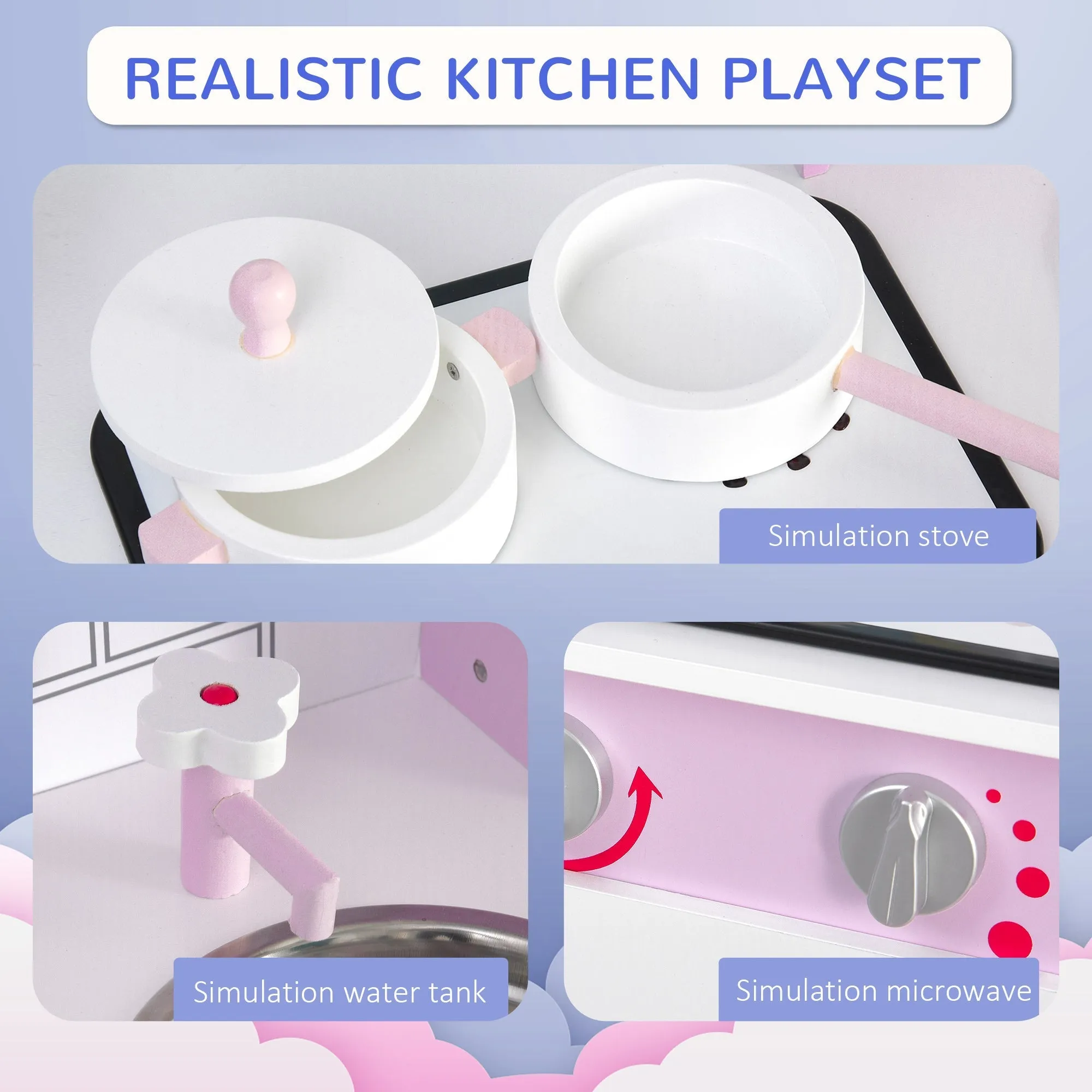 Kids Pretend Kitchen Playset w/ Cooking Toy Accessories - Pink