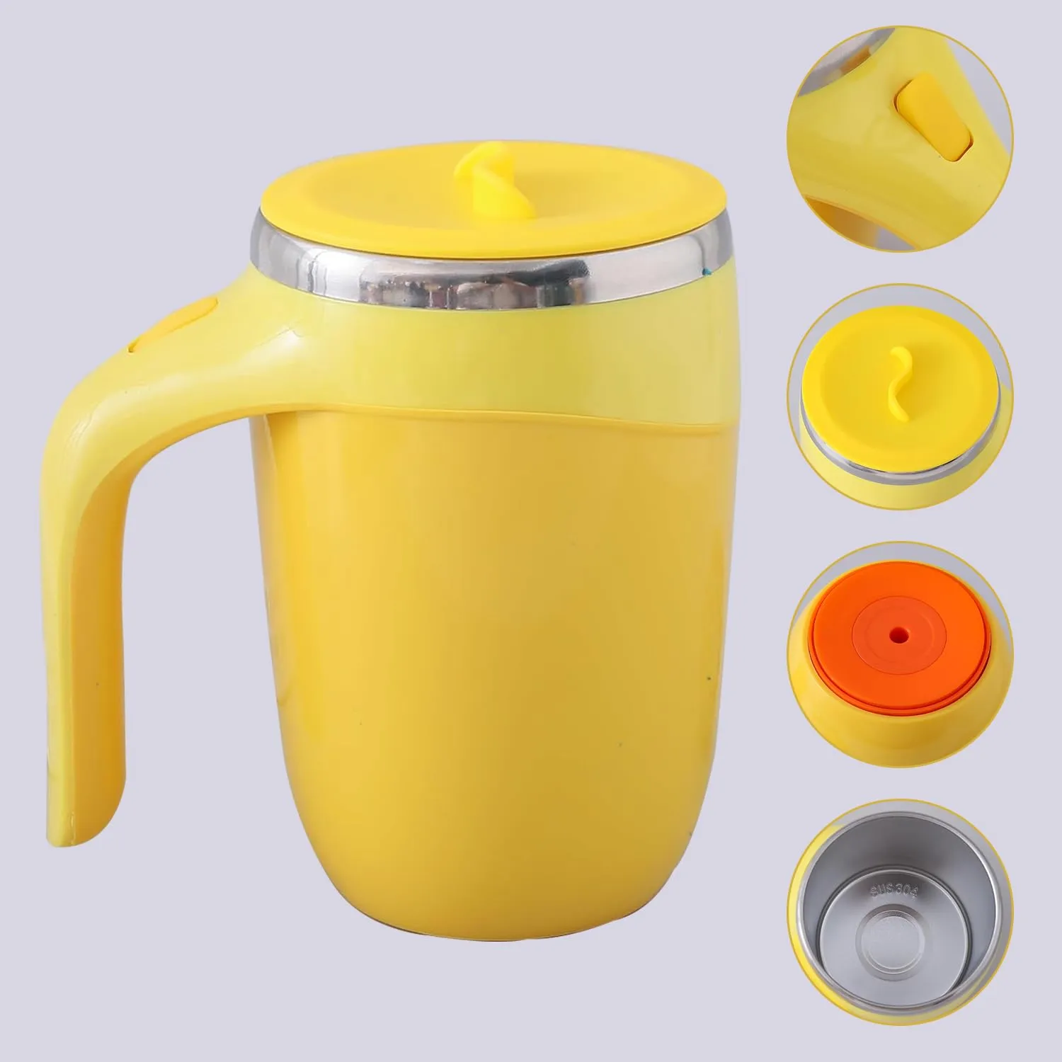 Kuber Industries Pack of 5 Anti-Fall Insulated Coffee Mug with Suction Bottom | Leak-Proof Stainless Steel Tumbler | Coffee Mug with Lid and Handle | 500 ML | Yellow