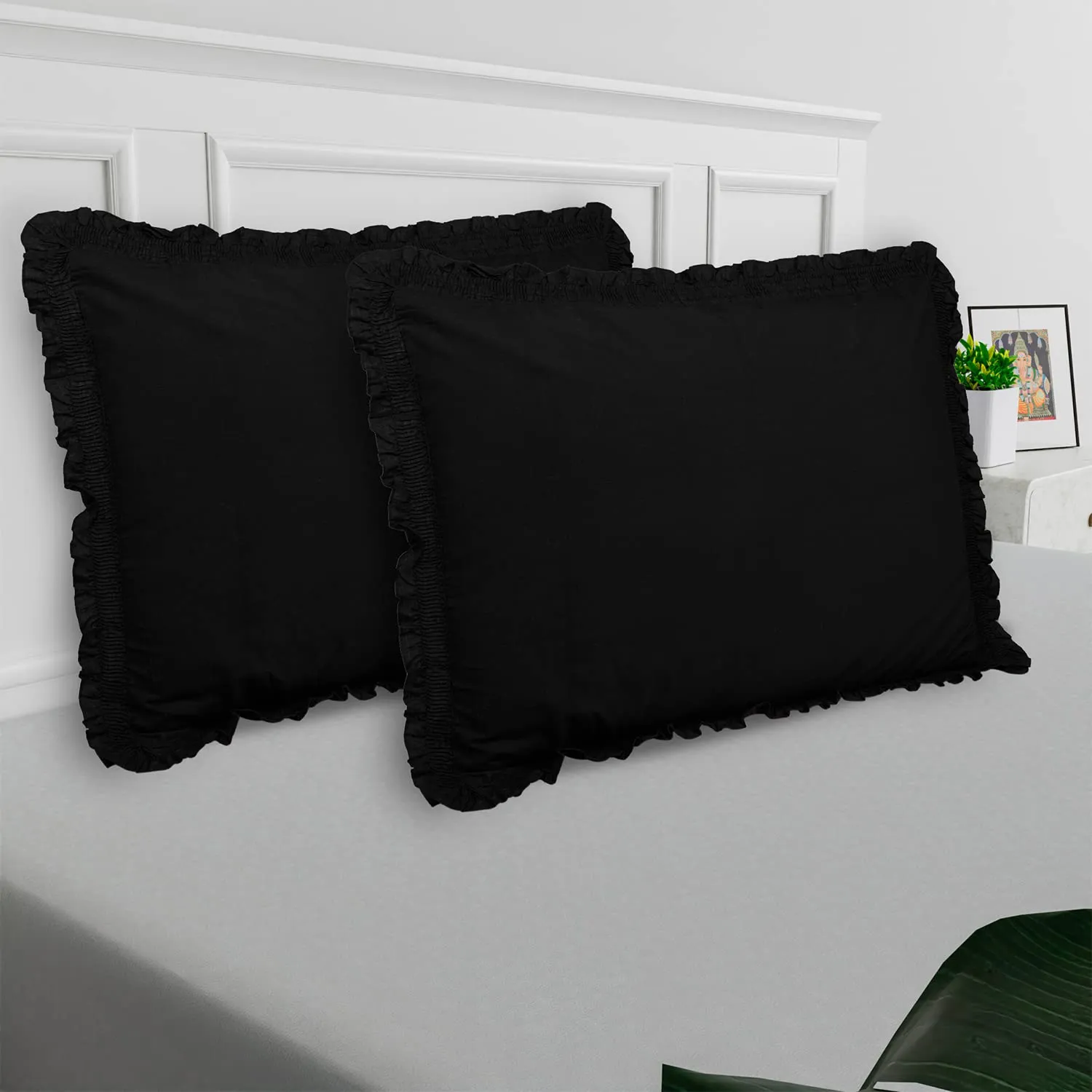 Kuber Industries Pillow Cover | Cotton Pillow Cover | Pillow Cover For Bedroom | Pleated Frill Border Long Crush Pillow Cover | Set of 6 | 20x30 Inch | Black