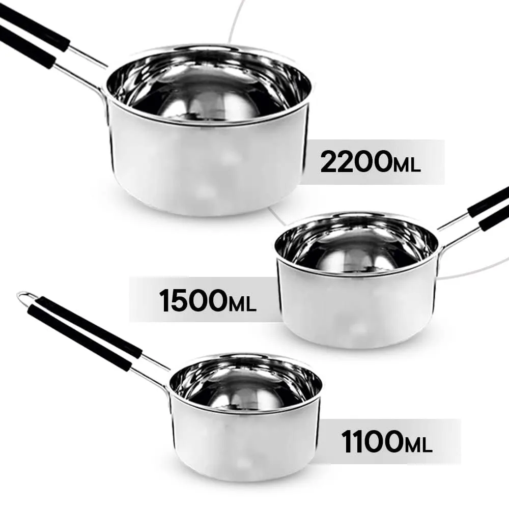 Kuber Industries Set of 3 Stainless Steel Saucepan/Tea Pan|1.1 L, 1.5 L, 2.2 L Capacity|Silicon Handle|Thick Base for Boiling Milk & Tea|Heavy Duty Gauge|Tapeli Patila, Sauce Pot Cookware (Pack of 5)