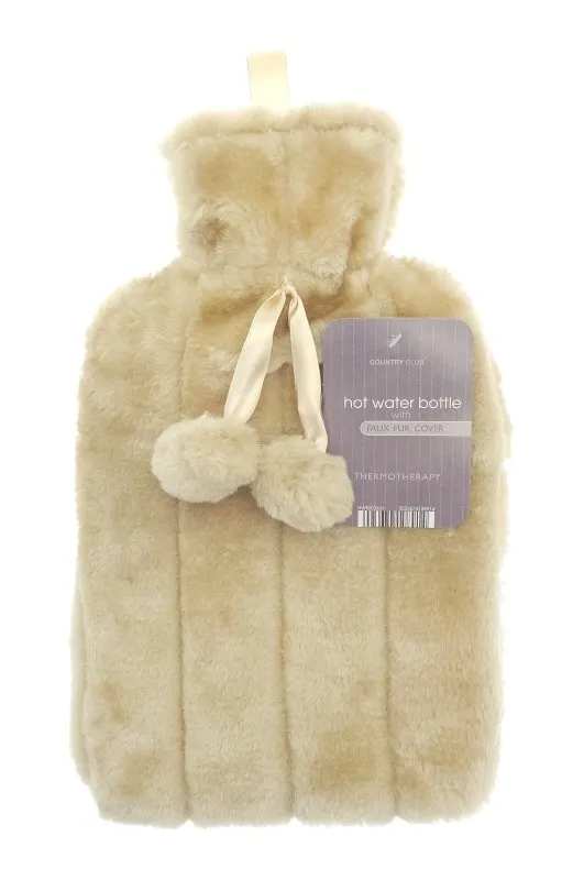 Large 2 Litre Natural Rubber Hot Water Bottle With Warm Faux Fur Cover