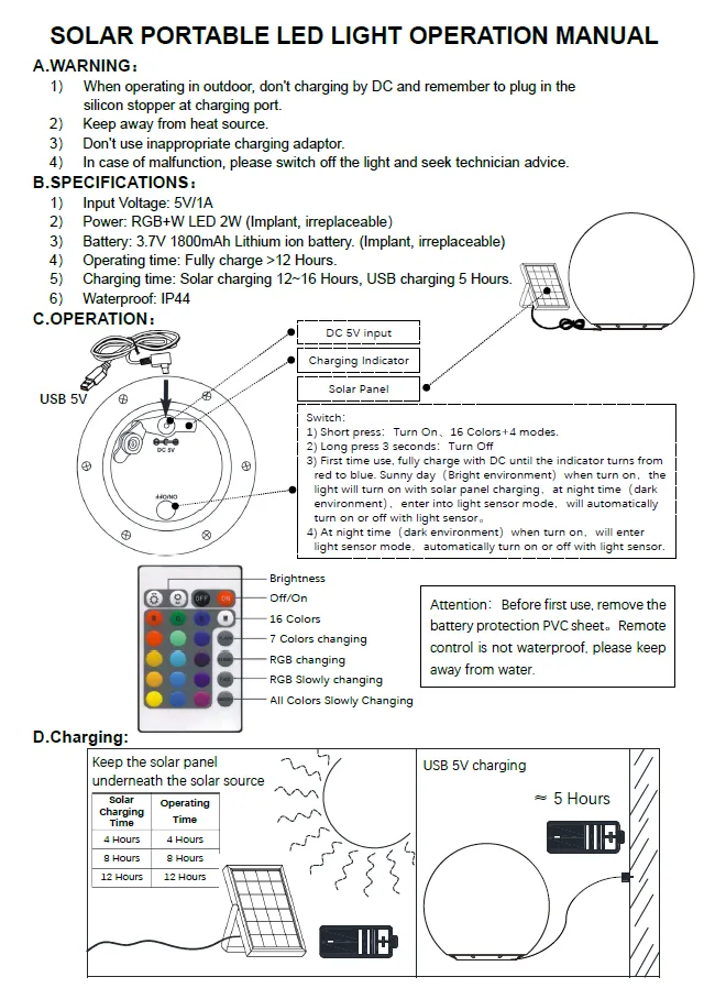 Large Fullmoon Solar Ball RGB color with Solar Panel & remote Control