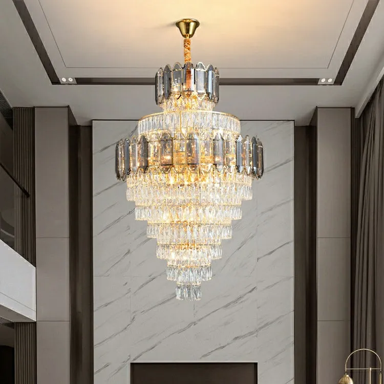 Large Staircase Crystal Chandelier Living Room Ceiling Light Fixture For Hotel Entrance In Gold Finish