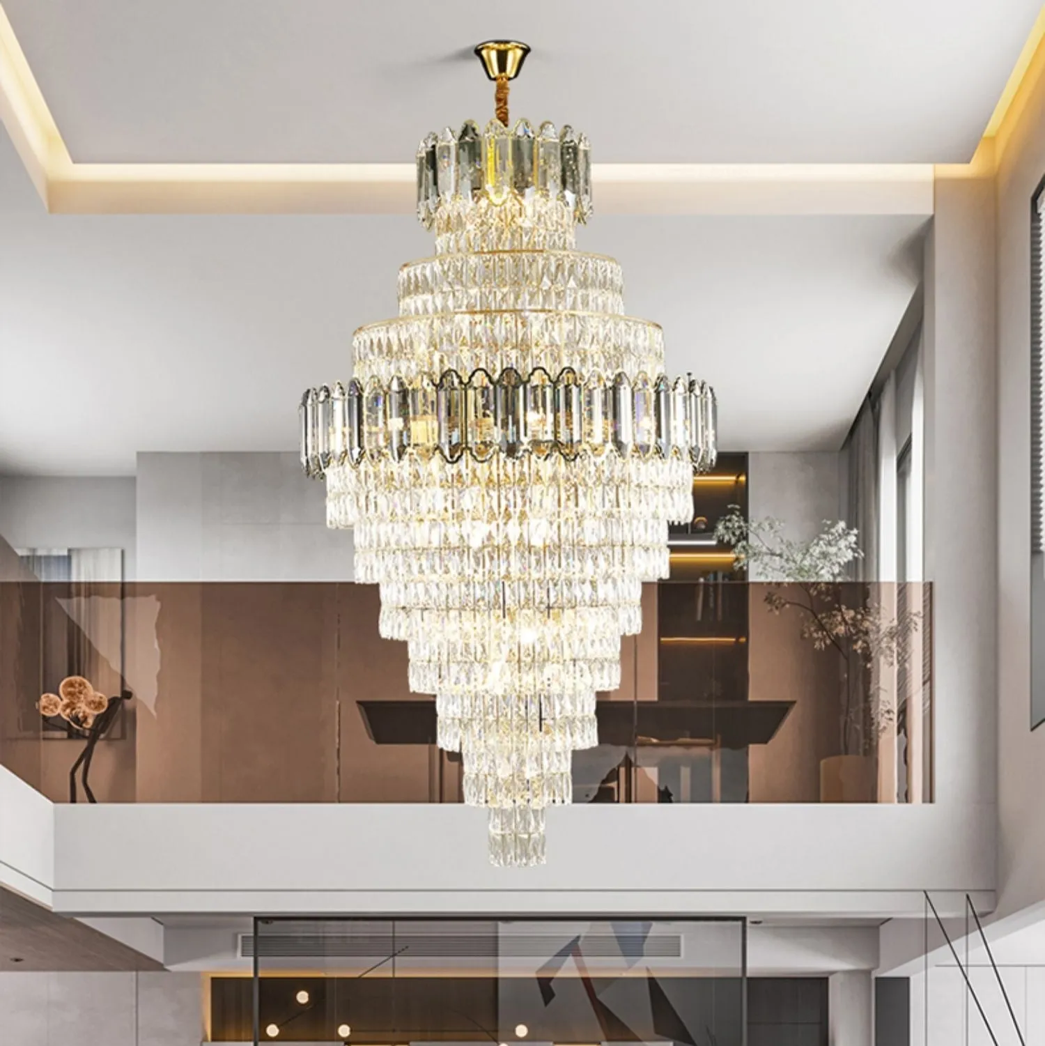 Large Staircase Crystal Chandelier Living Room Ceiling Light Fixture For Hotel Entrance In Gold Finish