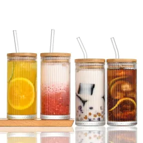 Lined Transparent Drinking Glass Tumbler with Bamboo Lid And Glass Straw