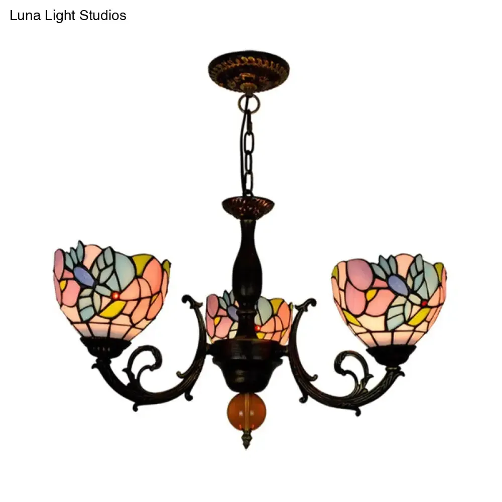 Lodge Stained Glass Chandelier - 3-Light Inverted Fixture with Flower Pattern for Dining Room