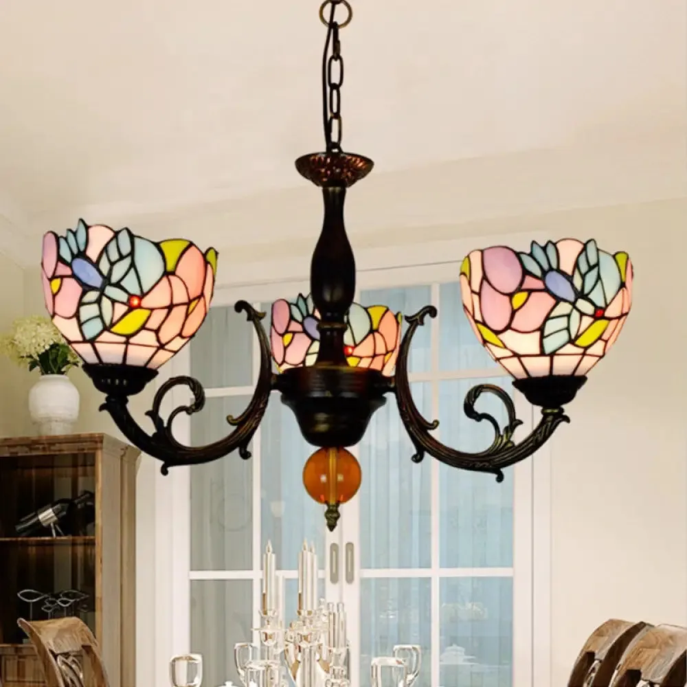 Lodge Stained Glass Chandelier - 3-Light Inverted Fixture with Flower Pattern for Dining Room