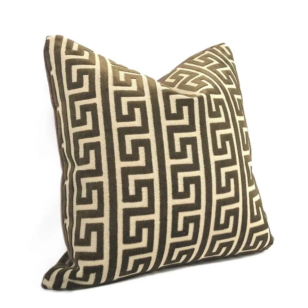 Logan Brown Greek Key Stripe Cut Velvet Pillow Cover (Fabric by the Yard available)