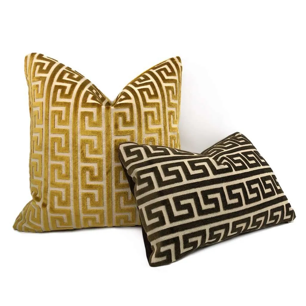 Logan Brown Greek Key Stripe Cut Velvet Pillow Cover (Fabric by the Yard available)