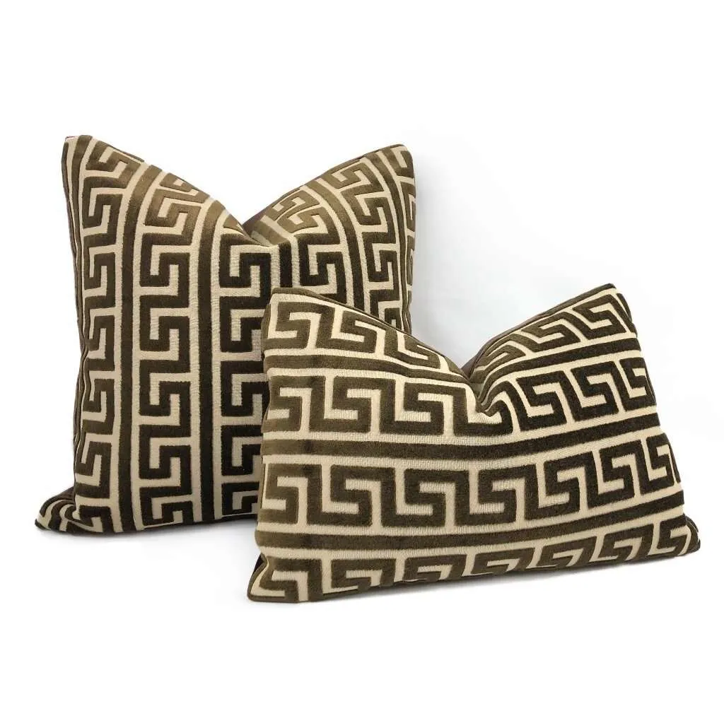 Logan Brown Greek Key Stripe Cut Velvet Pillow Cover (Fabric by the Yard available)