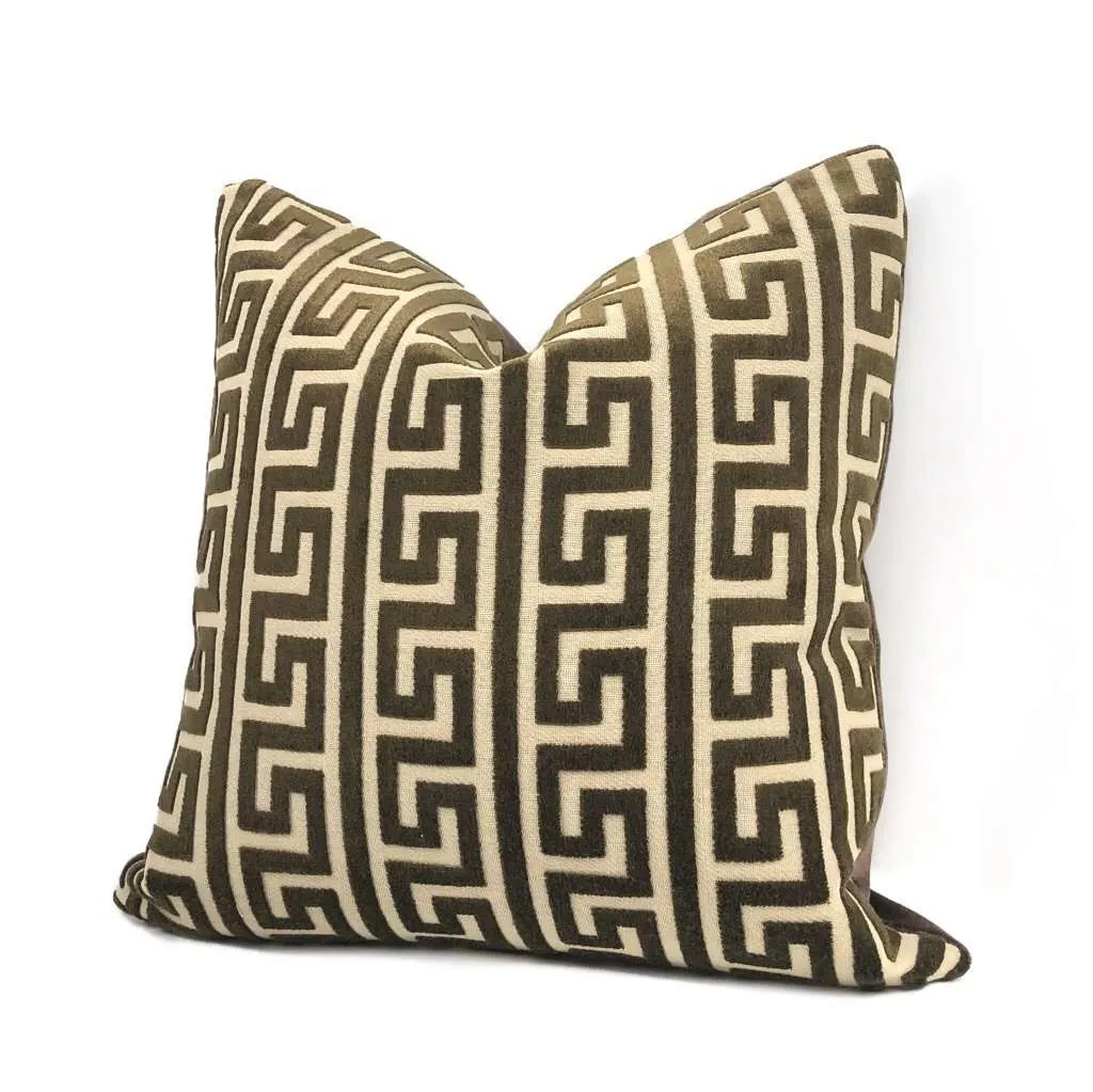 Logan Brown Greek Key Stripe Cut Velvet Pillow Cover (Fabric by the Yard available)