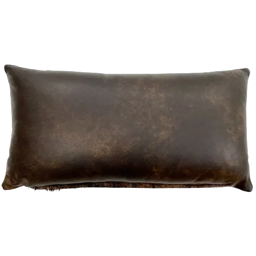 Lumbar Pillow - Black and Brown Brindle Cowhide w/ Two Tone Brown Leather - 24" x 12" (LPIL064)