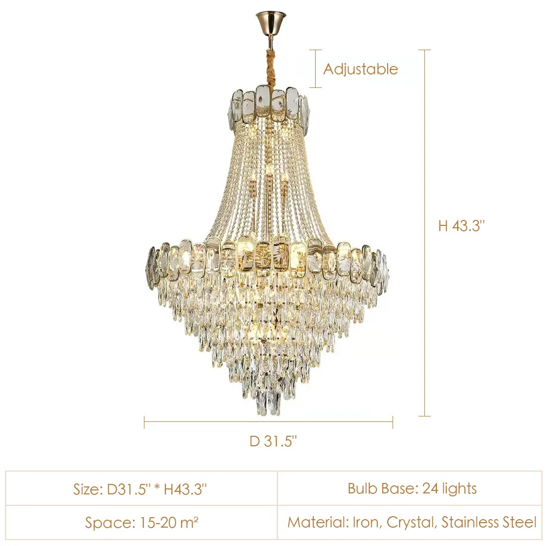 Luxury Funnel Crystal Chandelier for High-ceiling