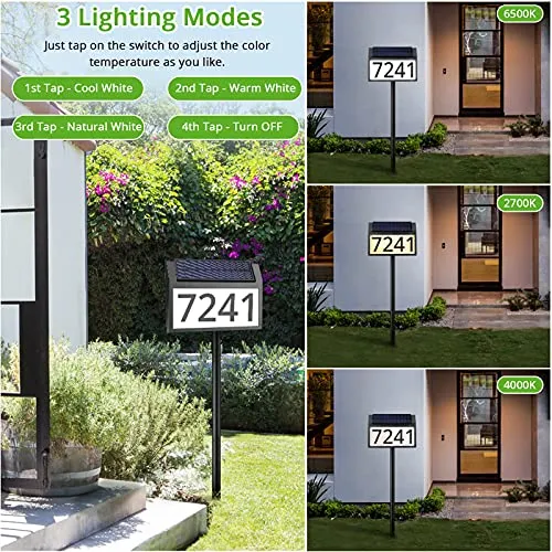 MAXvolador Solar Address Sign Lighted House Numbers Waterproof, Solar Powered LED Illuminated Address Plaques with Stakes, 3-Color in 1 Outdoor Address Number for Home Street Yard Driveway