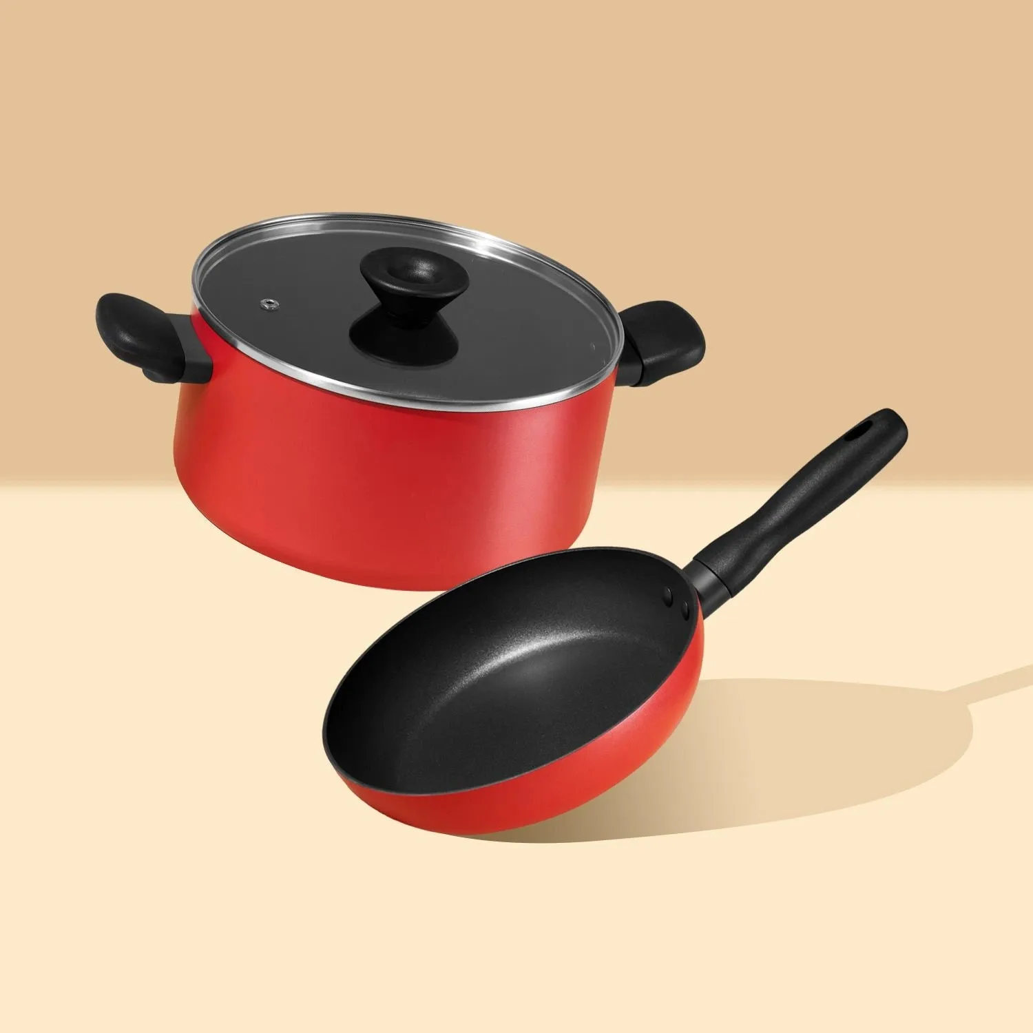 Meyer Bauhaus 2 pcs set (Nonstick Casserole, 2.8 Litre, 20Cm   Open Frypan 20Cm ), with Interchangeable Lid, Red