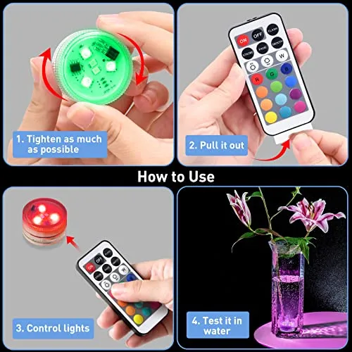 Mini Submersible LED Lights with Remote Control - Small Tea Lights Underwater Lights Battery Powered Flameless LED Accent Light for Party Event Vase Fishtank Hot Tub