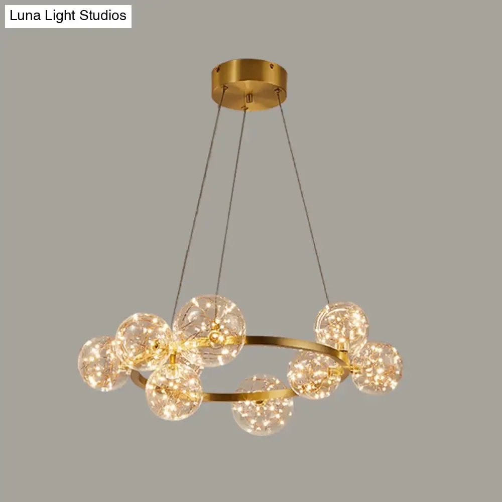 Minimal Living Room LED Chandelier - Gold Pendant Lighting with Clear Glass Orb Shade