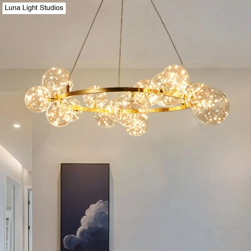 Minimal Living Room LED Chandelier - Gold Pendant Lighting with Clear Glass Orb Shade