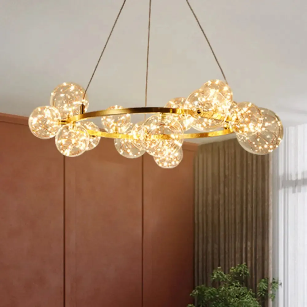 Minimal Living Room LED Chandelier - Gold Pendant Lighting with Clear Glass Orb Shade