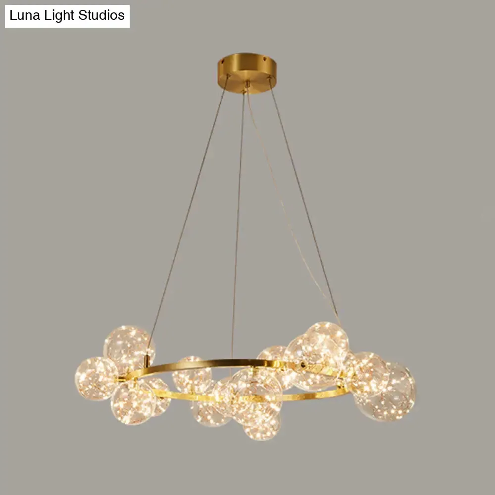 Minimal Living Room LED Chandelier - Gold Pendant Lighting with Clear Glass Orb Shade