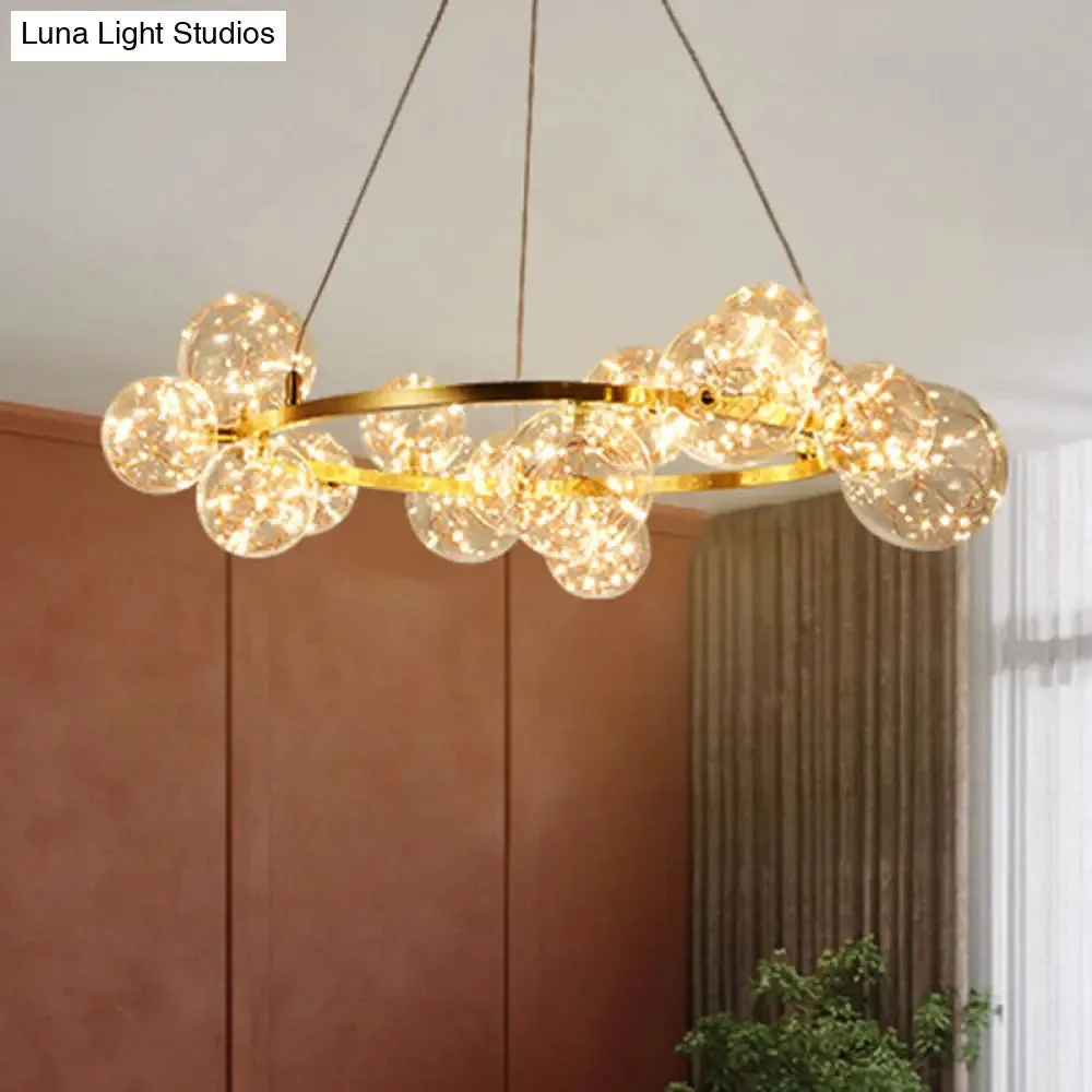 Minimal Living Room LED Chandelier - Gold Pendant Lighting with Clear Glass Orb Shade