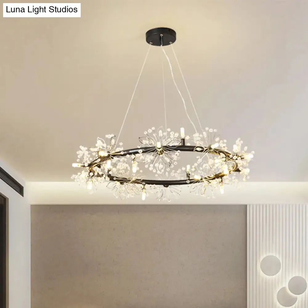 Minimalist Black LED Chandelier - Circle Crystal Beaded Hanging Lamp, 20.5"/26"/34" Wide