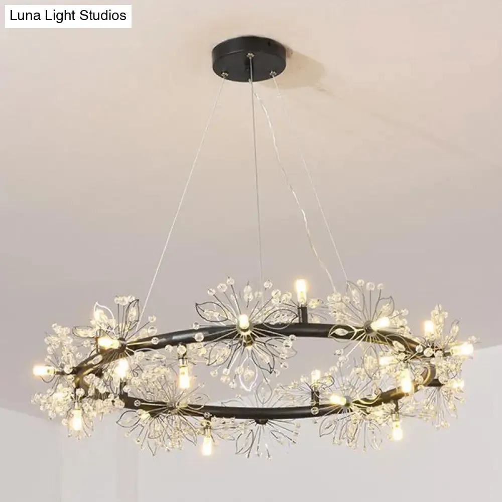 Minimalist Black LED Chandelier - Circle Crystal Beaded Hanging Lamp, 20.5"/26"/34" Wide