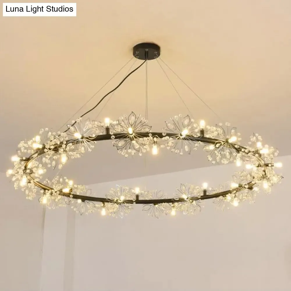 Minimalist Black LED Chandelier - Circle Crystal Beaded Hanging Lamp, 20.5"/26"/34" Wide