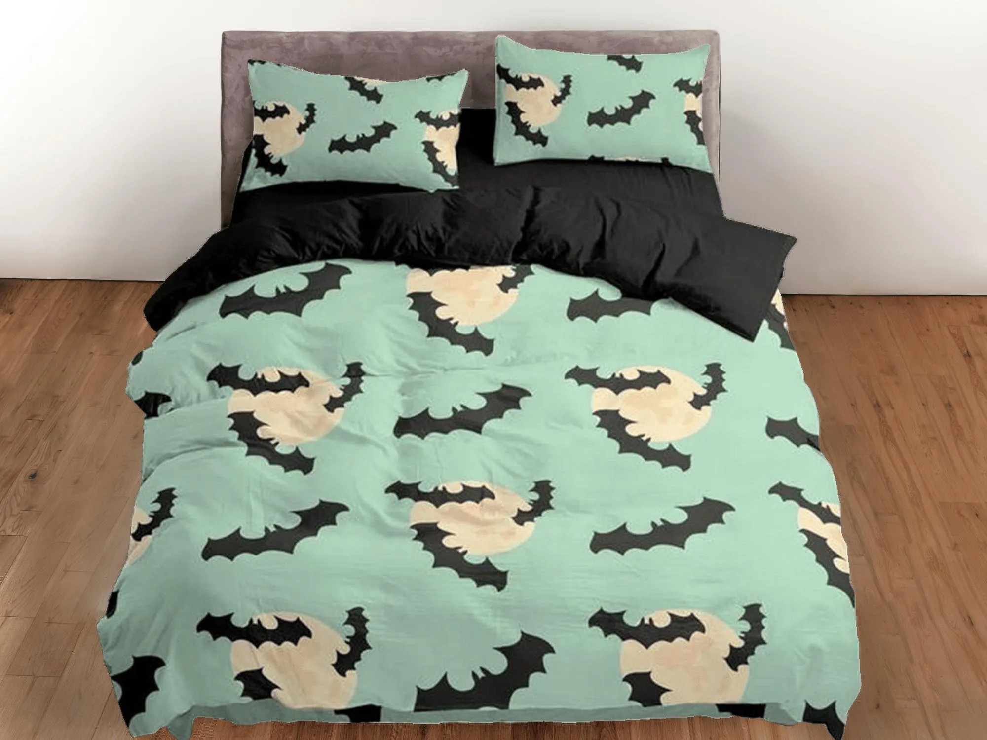 Mint green bats halloween full bedding & pillowcase, duvet cover set dorm bedding, halloween gift, nursery toddler bedding, 90s nostalgia