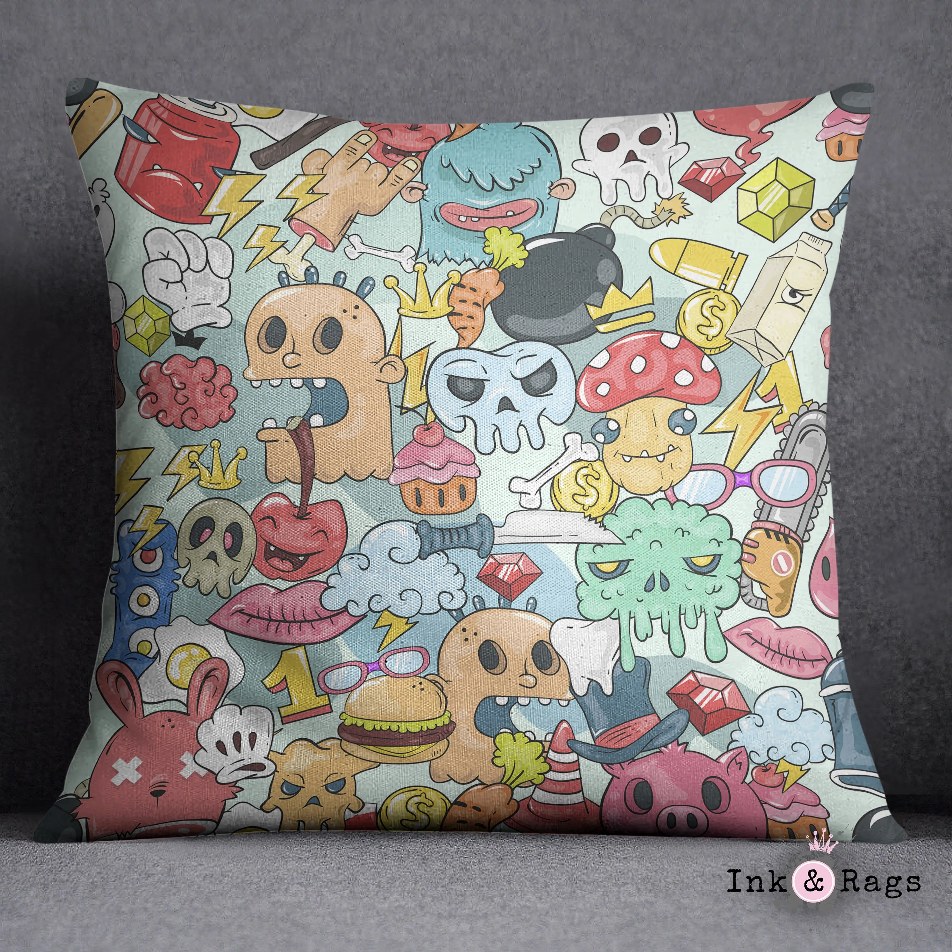 Monster Mash Graffiti Cartoon Monster and Skull Throw Pillow