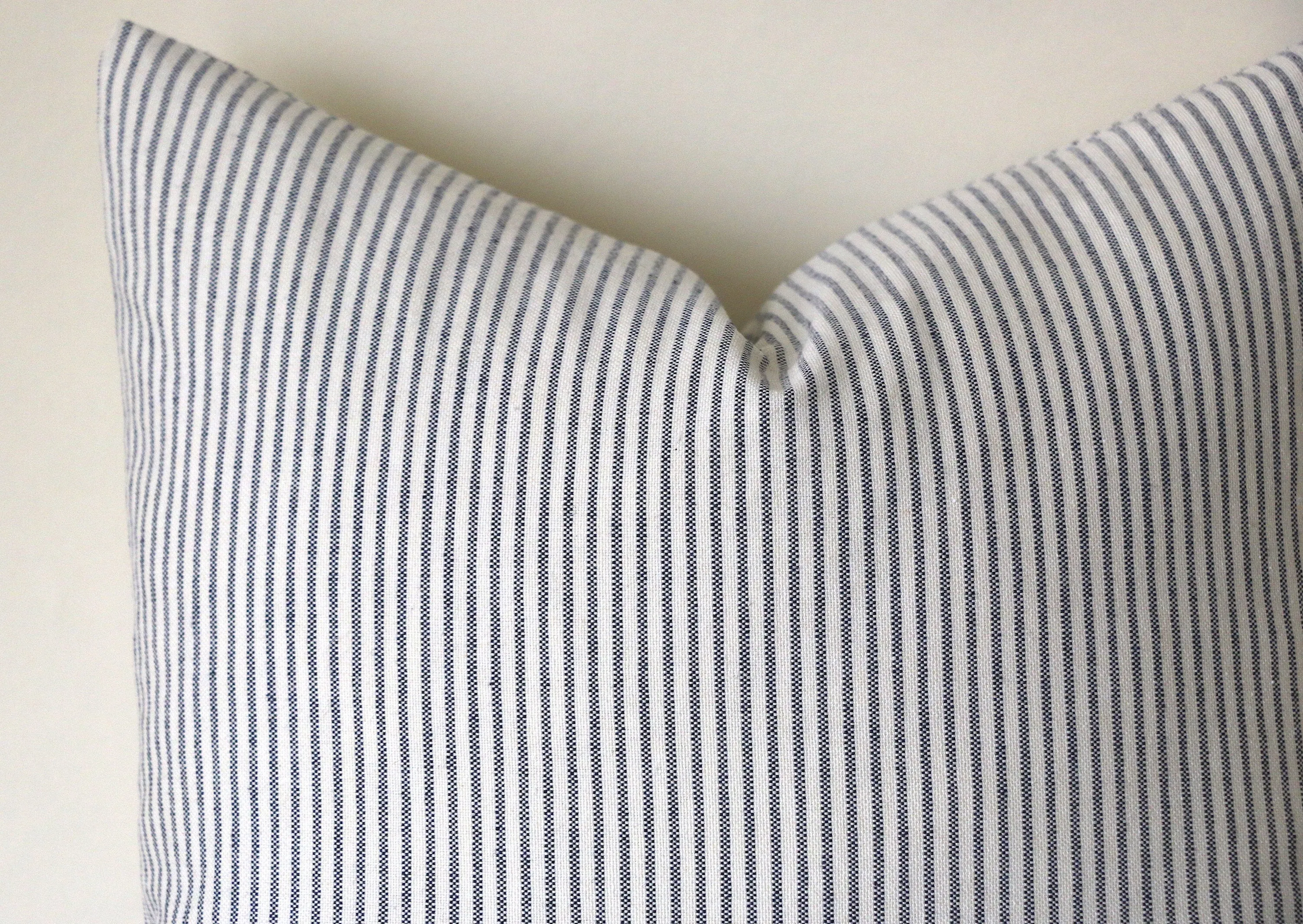 Navy Pinstripe Pillow Cover / Farmhouse Pillows / Soft Textured Vintage Washed Cotton / Cotton Ticking Pillow Case / Striped Cushion