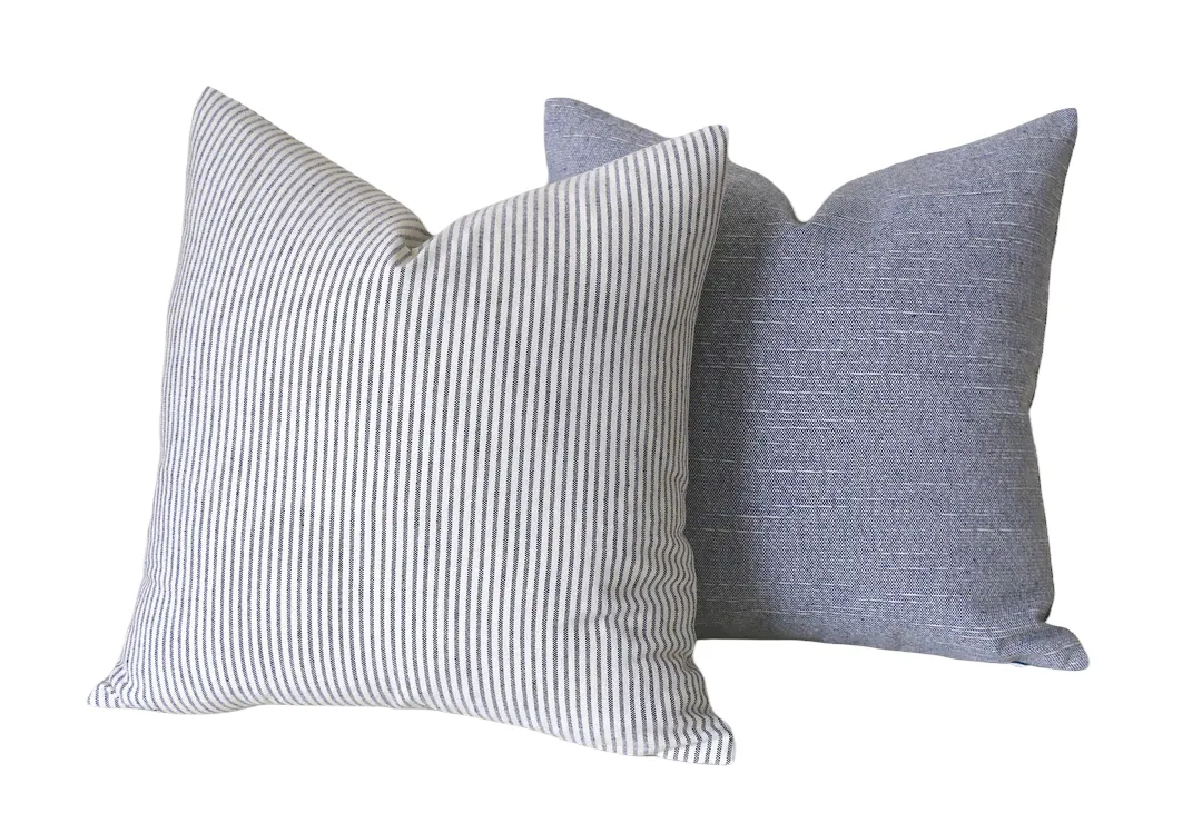 Navy Pinstripe Pillow Cover / Farmhouse Pillows / Soft Textured Vintage Washed Cotton / Cotton Ticking Pillow Case / Striped Cushion