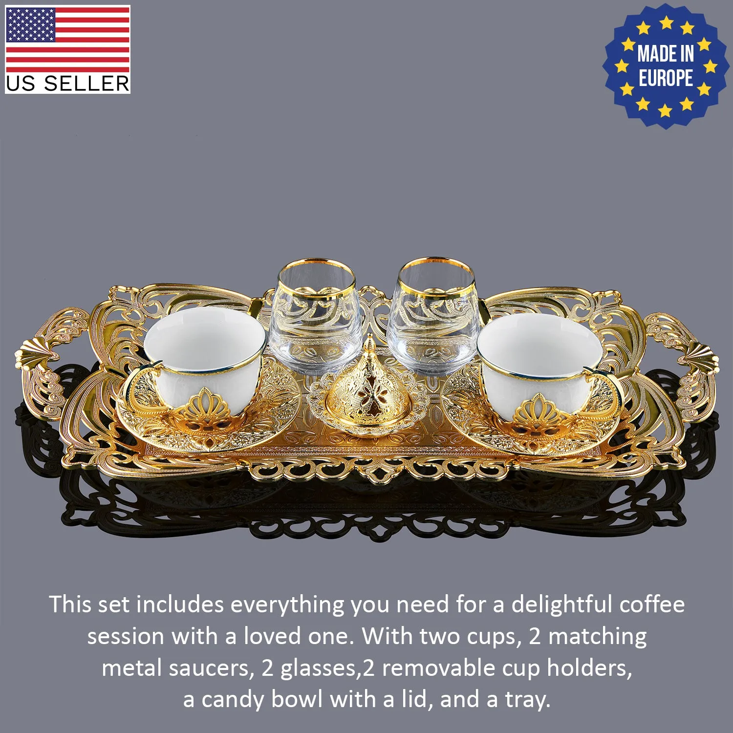 Nisa Turkish Coffee Cup Set of 2 with Glasses, 11 Pcs, 2.87 oz