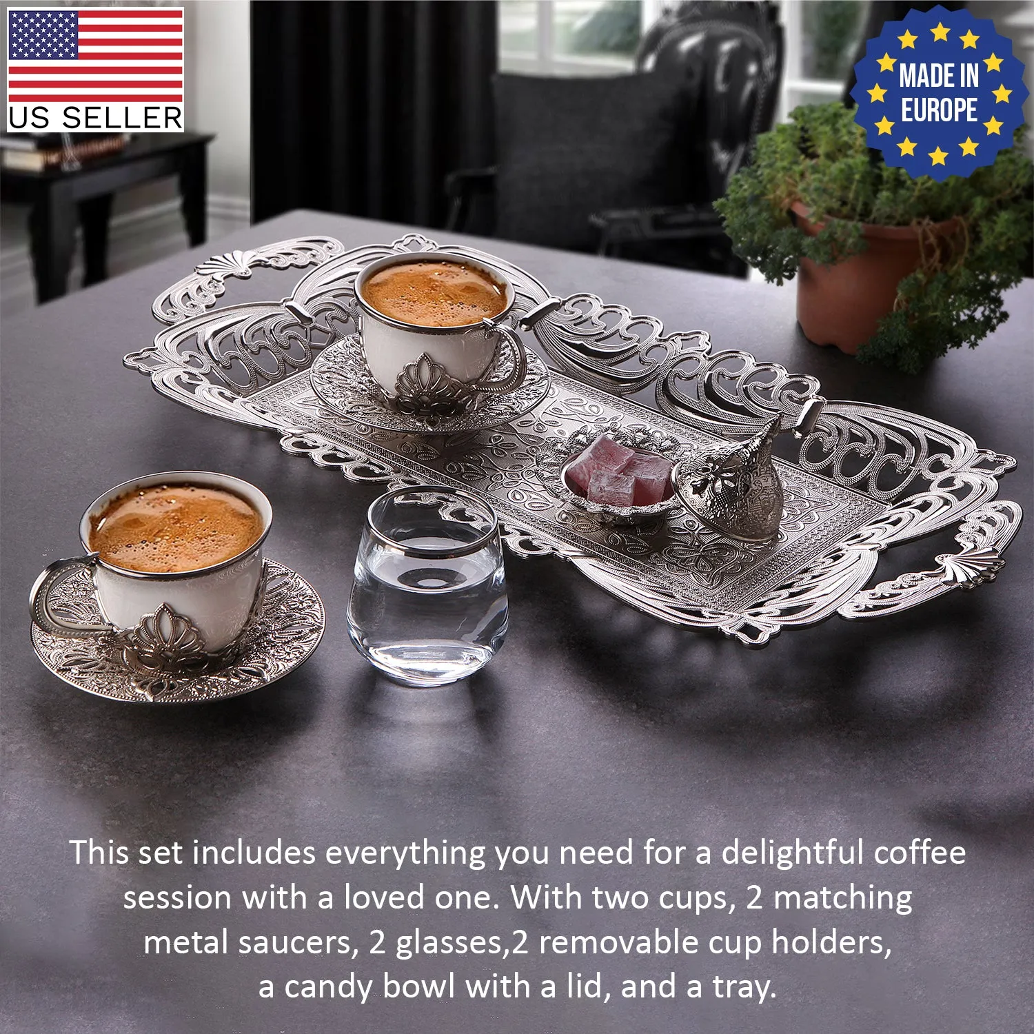 Nisa Turkish Coffee Cup Set of 2 with Glasses, 11 Pcs, 2.87 oz